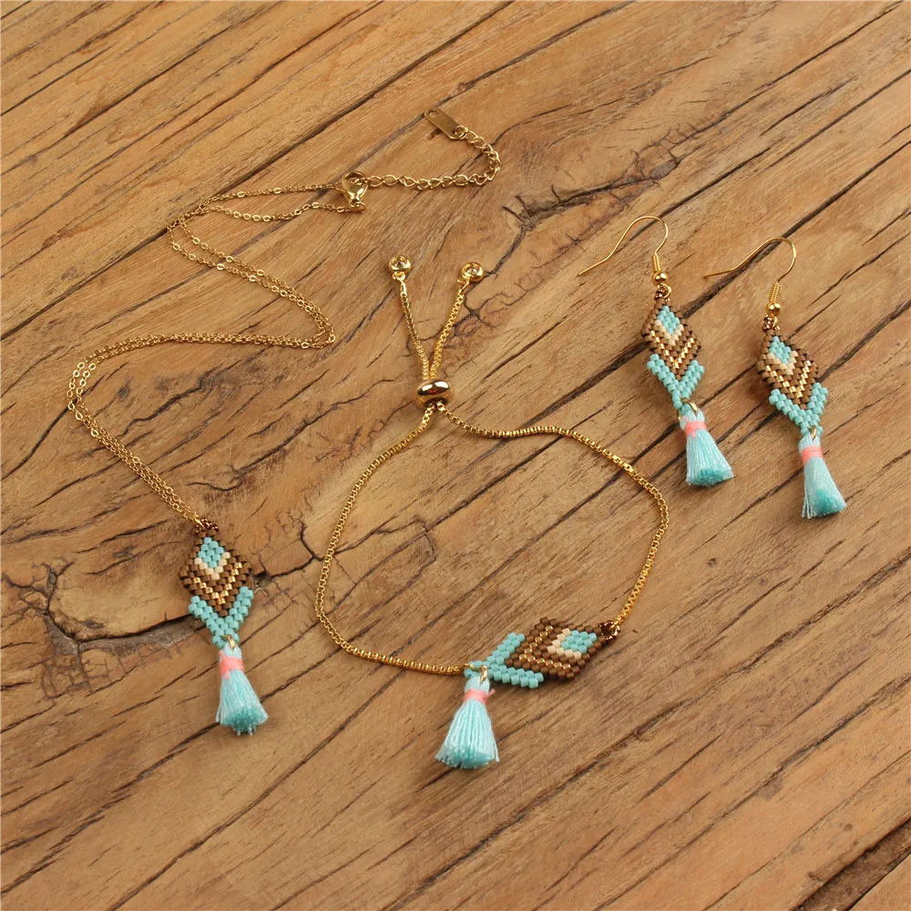 

JOYE original design costume jewelry sets hand woven tassel hanging earrings pendants necklace bracelets kits gold chain women