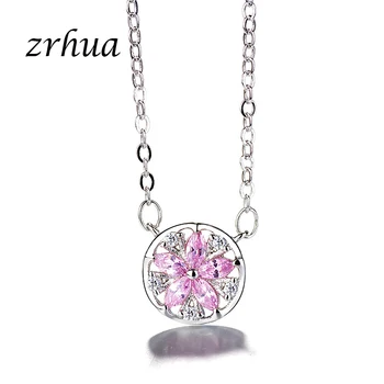 

ZRHUA Real 925 Sterling Silver Necklace for Women Link Chain Round Flower Pendant Necklace Inlay White/Pink Zircon Choker