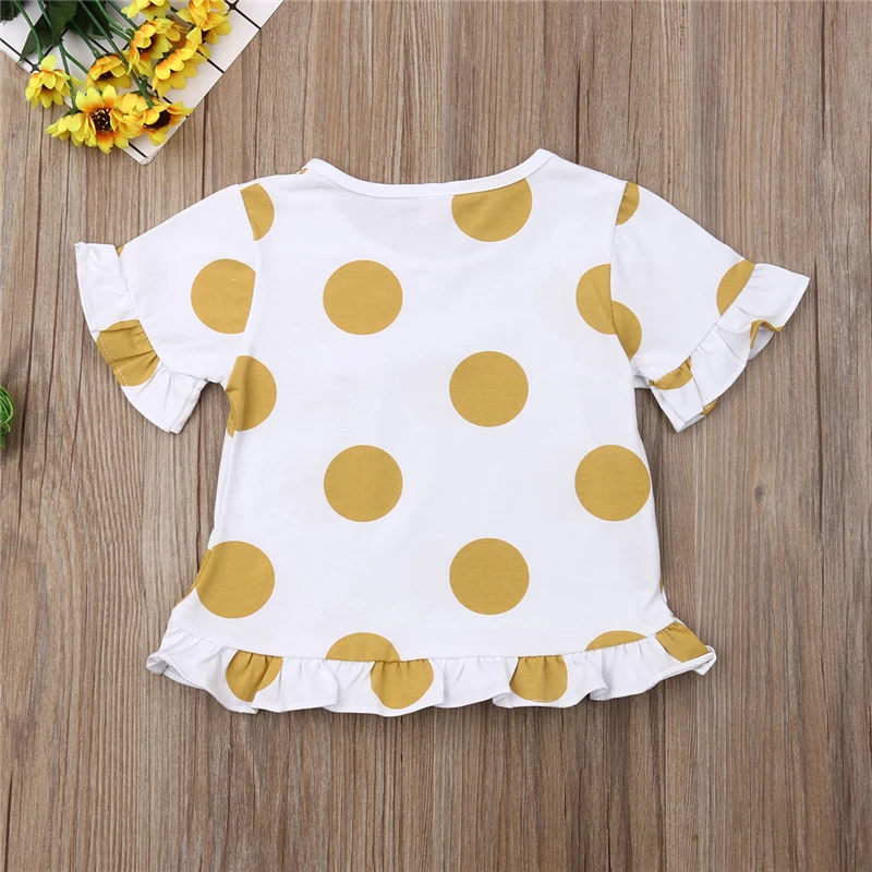 Летняя футболка в горошек с короткими рукавами и круглым вырезом для новорожденных девочек, пуловер, топ, хлопковые топы с оборками