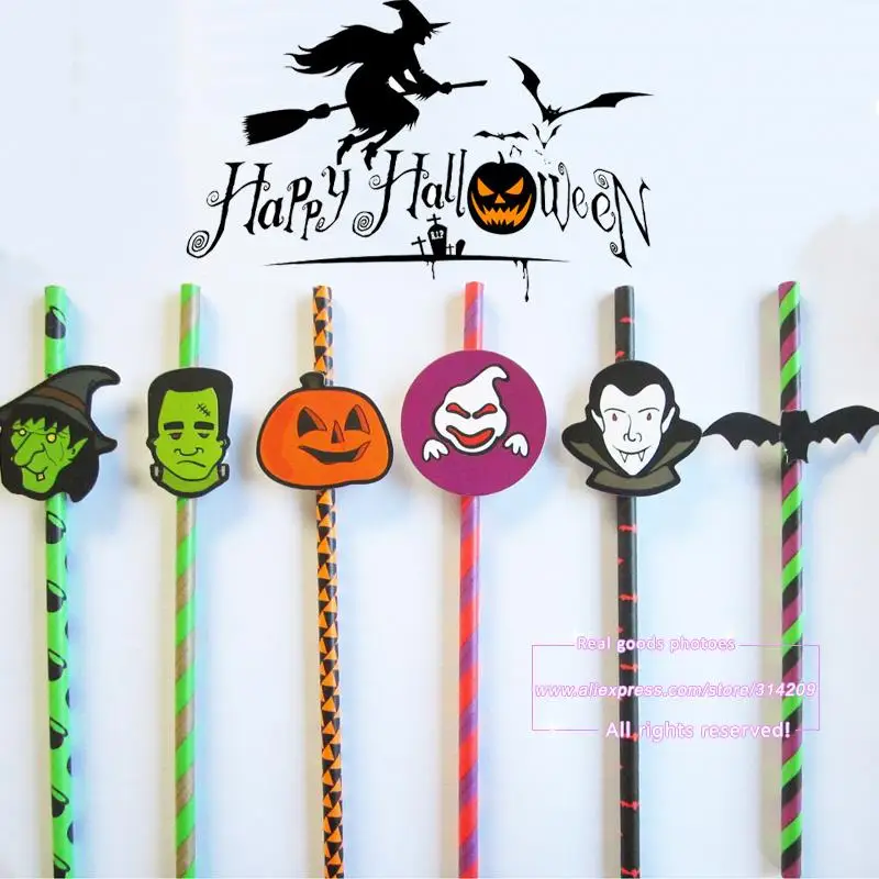 25pcs mix 6 hallowmas designs paper drinking straws with 25pcs tags hallowmas party decoration