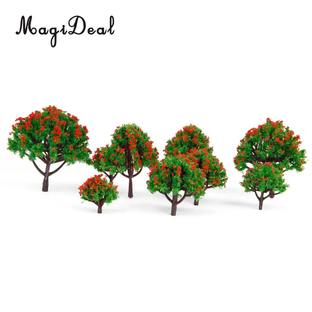 MagiDeal 10Pcs Model Tree with Red Flower Railroad Scenery for Model Garden Park Train Track Architecture Layout Diorama 5 Sizes