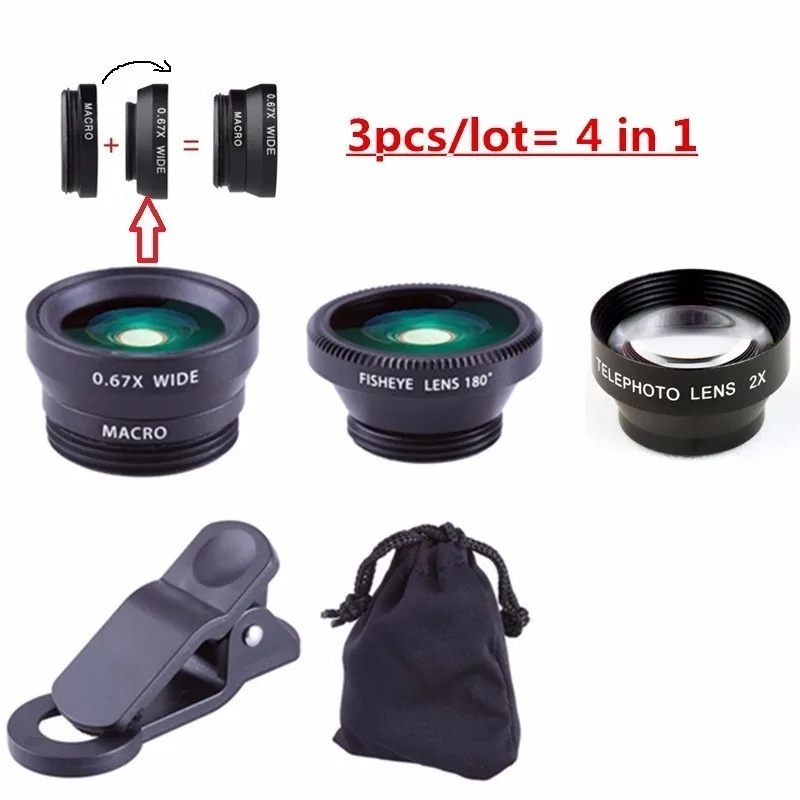 

2017 Universele Clips 4in1 2X Telephoto Lenses Fish Eye Macro Wide Angle Lens For iPhone Xiaomi redmi Samsung Cell Phone Lentes