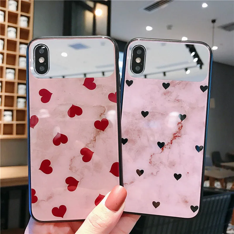 

Tempered Glass Mirror Phone Case for Iphone 6/6S Plus X Xr Xs Max 7Plus Retro Marble Love Heart Cover for Iphone 8Plus Case Capa