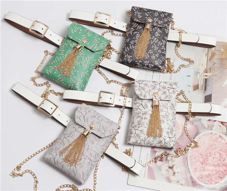 

2019 Vintage Flower Printing PU Tassel Fringe Fanny Pack Women PVC Waist Belt With Bag Girl Pouch Phone Long Chain Shoulder Bag