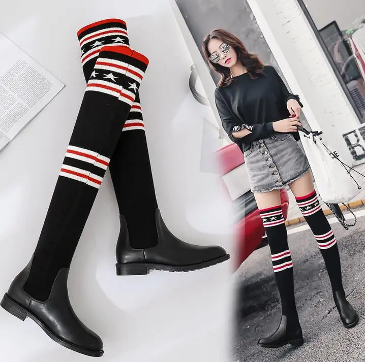 

new Fashion Street Snap Black Leather Flat Long Booties For Women,Star Print Elastic Slim Leg Crochet Boot Lady Wool Motorcycle