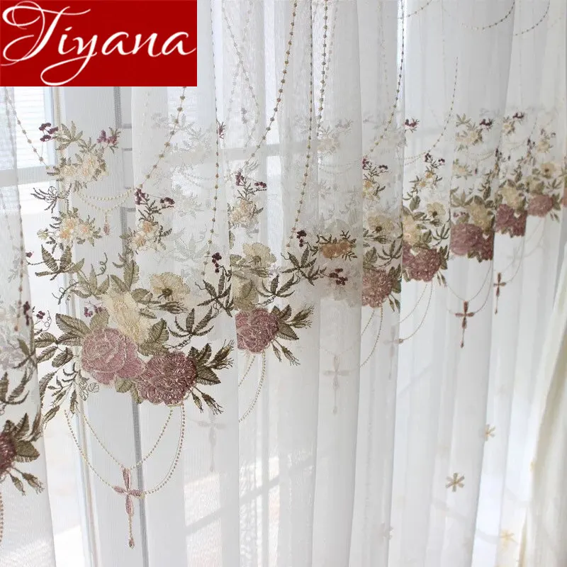 

French Romantic Embroidered Voile Window Curtain Floral Design for Living Room Sheer Fabric Treatment M&063#40