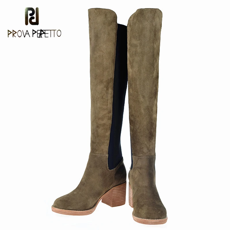 

Prova Perfetto High Heel Stretch Lycra Long Boots Party Shoes Woman Fashion Suede Knee Boots Chunky Heel Comfort Western Boot