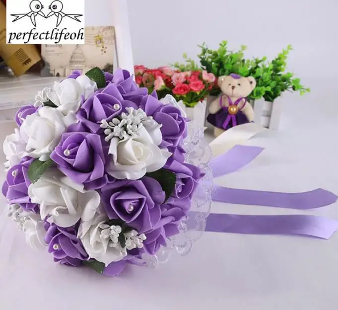 Perfectlifeoh свадебный букет, Свадебный букет невесты, держащий цветок для подружки невесты, свадебные поролоновые цветы, розы, свадебные цветы для невесты - Цвет: White  purple