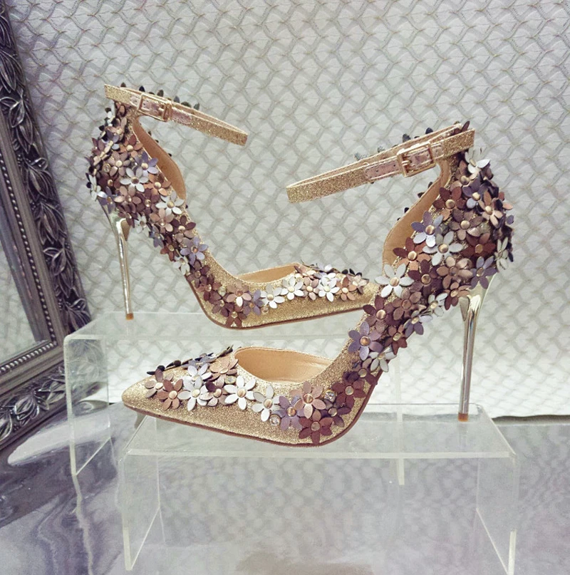

Real photo spring/autumn quality flower rivet empty inside women ankle strap pointed toe high heel pump shoes gold/silevr