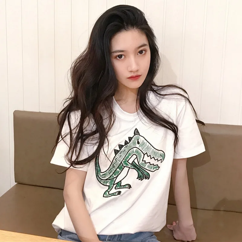 

Korean Summer Style T-Shirt Women Kawaii Dinosaur Oversized Loose Camisetas Mujer 2018 Embroider Round Neck White Shirt New Tops