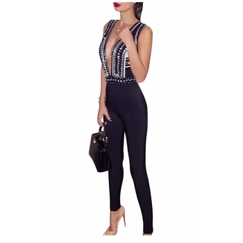 

high Quality 2017 sexy sleeveless new arrival women black v neck crystal Embellishment Bandage Jumpsuit wholesale dropshipping