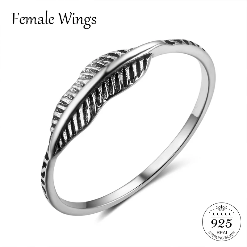 

FEMALE WINGS Feather Ring 925 Sterling Silver For Women Finger Plant Leaves Ring Vintage Fine Jewelry Bijoux Femme Anillos FR099