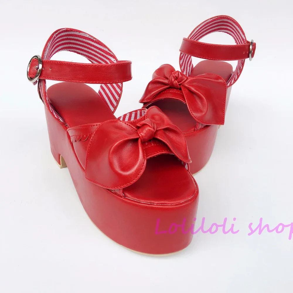 

Princess sweet lolita shoes Japanese design customized special shaped Wine red bow tie Square heel sandals 5105