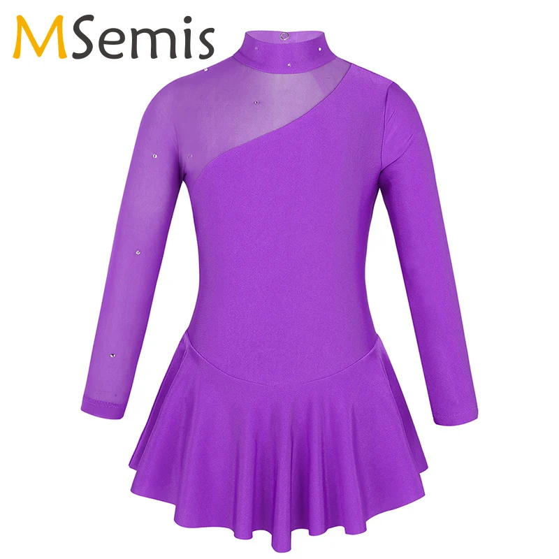 

Girls Ballet Dress Ice Skating Roller Skating Dress Long Sleeves Mock Neck Tulle Splice Cutouts Back Figure gymnastic Leotards