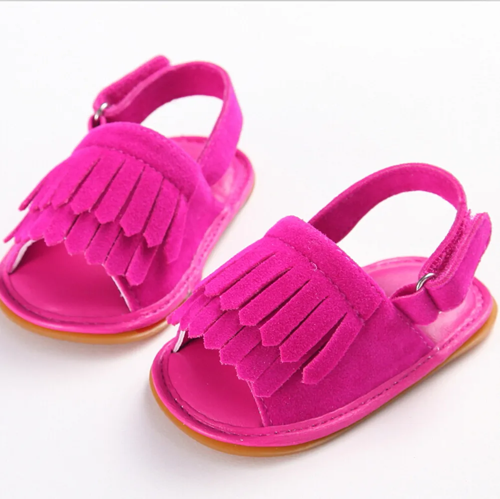 Модная летняя повседневная обувь для новорожденных; мягкая резиновая подошва; сандалии для маленьких девочек; нескользящая обувь с кисточками для малышей - Цвет: Rose Red