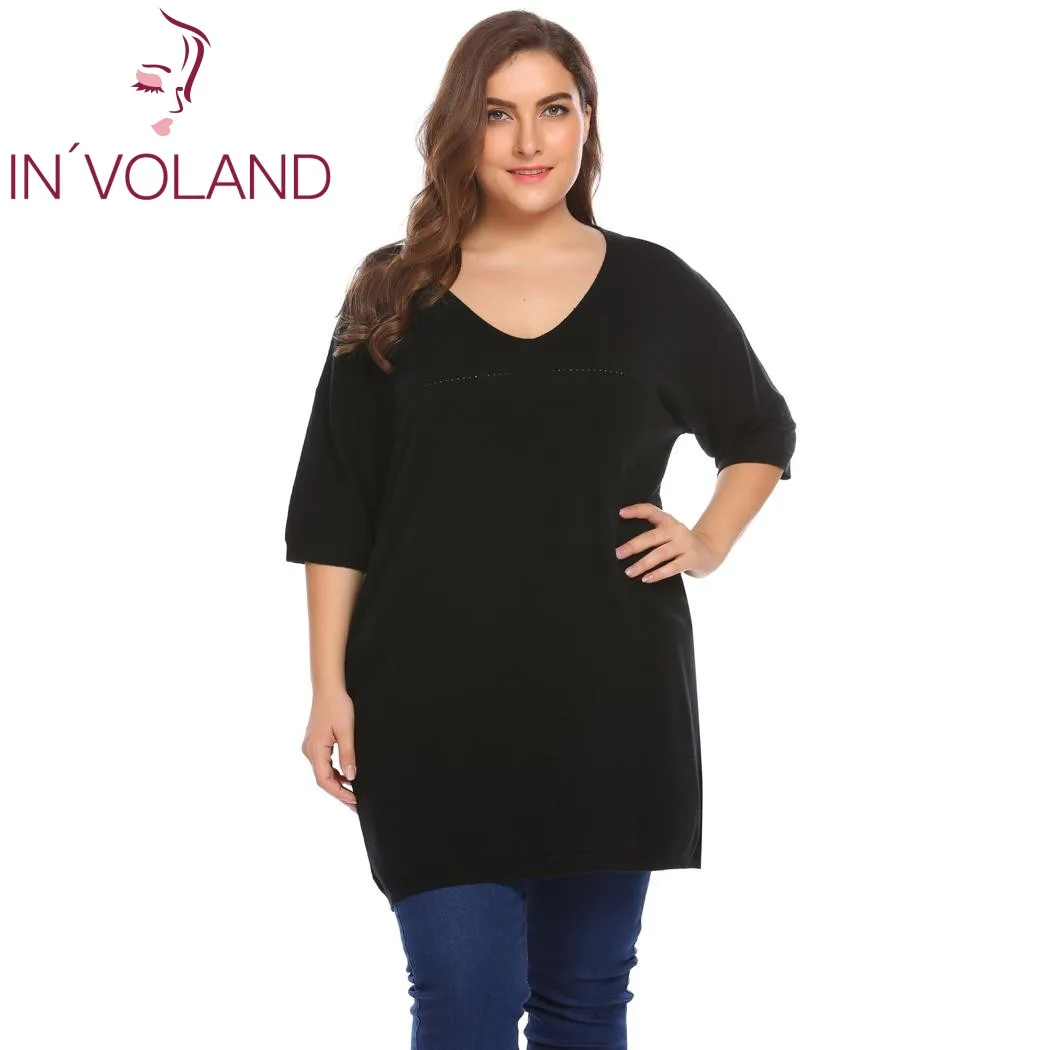 IN'VOLAND Plus Size XL-5XL Women Sweater Tops Autumn V-Neck Half Sleeve Solid Casual Thin Knit Large Pullover Shirt Big Size Sweaters