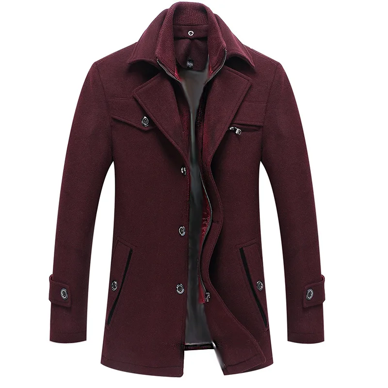 Mens Fashion Boutique Wool Pure Color Business Standing Collar Woolen Dust Coats / Male Quality Slim Leisure Trench Coats - Цвет: WINERED