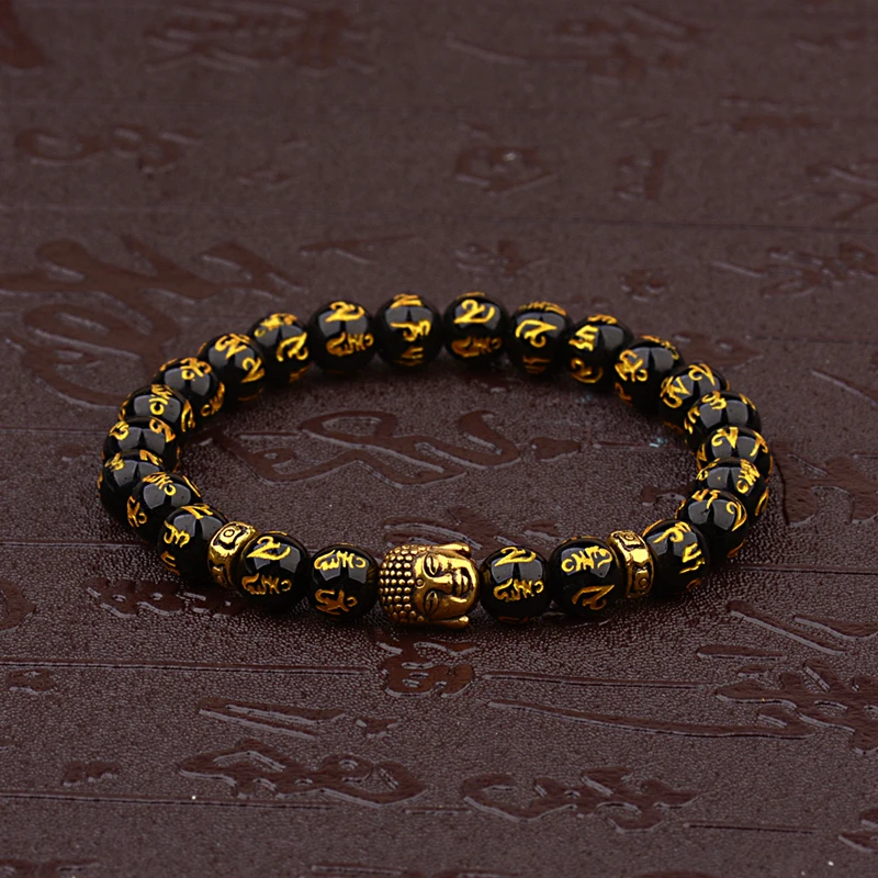 Women’s Retro Tibetan Black Beads Carve Mantra Om Mani Amulet Bracelet Men Vintage Buddhist Meditation Jewelry AB285