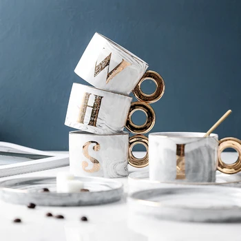 

180 ml luxury marble ceramic tea coffee Cups and Saucers with gold paint handle letter ceramic cups and tray