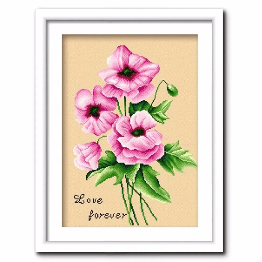 SewCrane Stamped Cross Stitch Kit, Pink Flowers Love Forever, 16.9 x 22