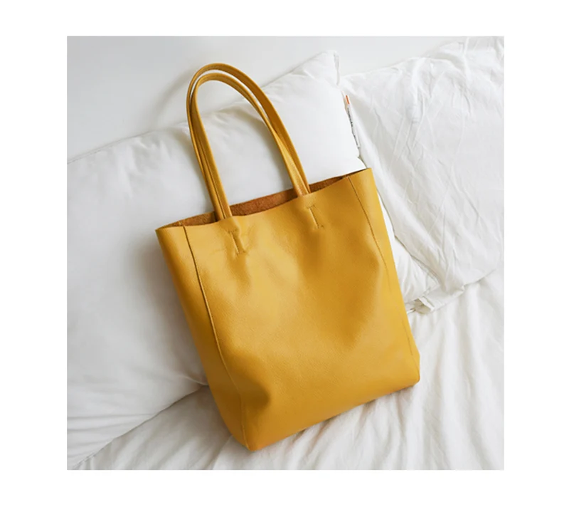 Women Luxury Bag Casual Tote Female Lemon Yellow Fashion Shoulder Handbag Lady Cowhide Genuine Leather Shoulder Shopping Bag