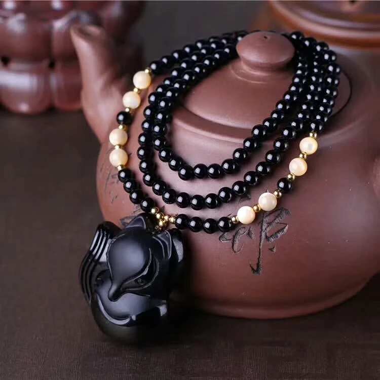 Genuine Natural Black Obsidian Gemstone Pendant Women Man Fox Shape Crystal Pendant 45x40x13mm AAAAA (2)