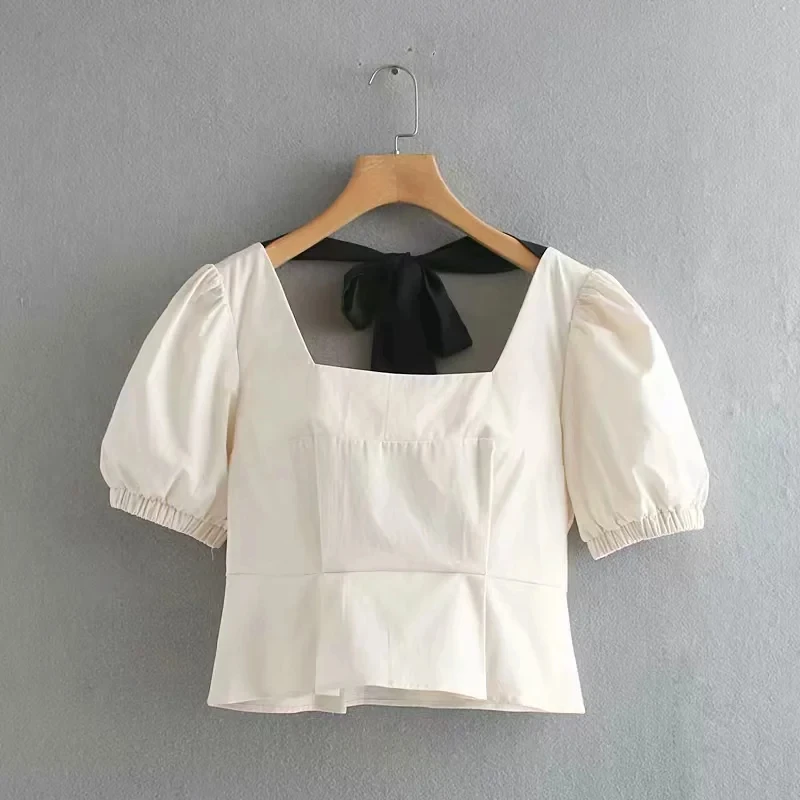 

Square Collar Bow Tie Puff Sleeve Blouse Women Loose Tops 2019 Summer Leisure Female Short Shirt S5888