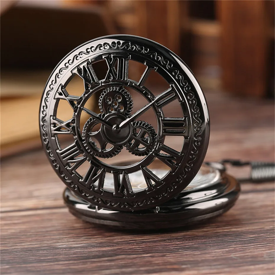 Vintage Black Hollow Gear Carving Hand Wind Mechanical Pocket Watch Skeleton Steampunk Roman Number Luxury Pendant Chain Gifts (4)