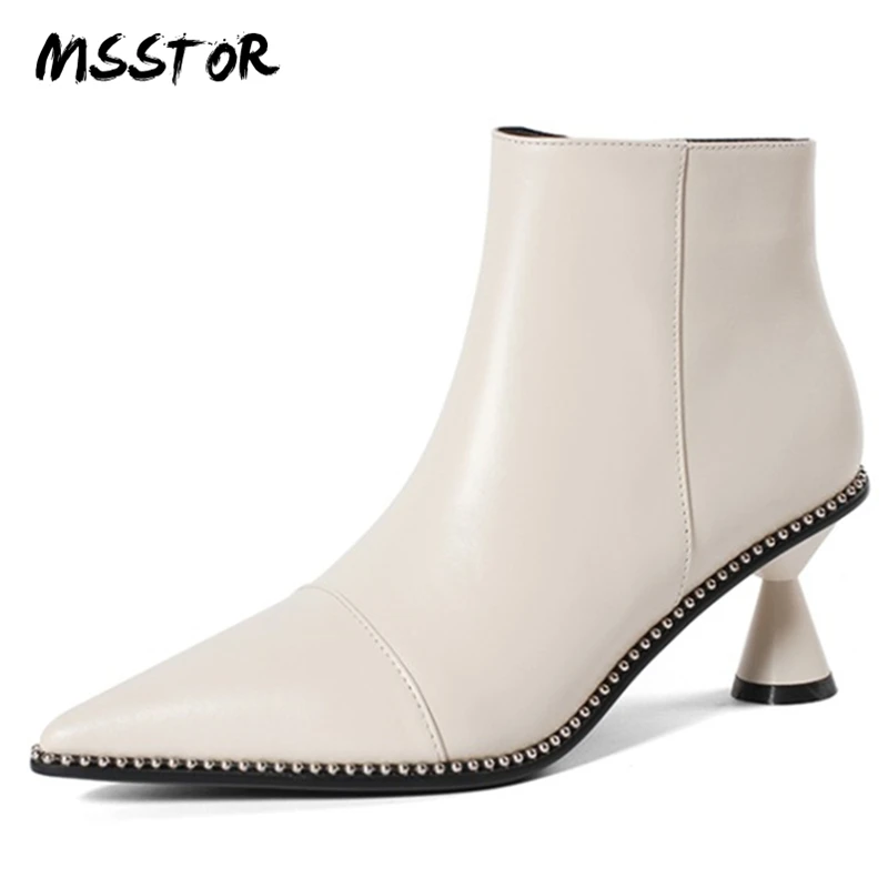 

MSSTOR Strange Style Black Ladies Boots For Winter Fashion Concise Off White Plus Size 33-43 Women Heels Pointed Toe Ankle Boots