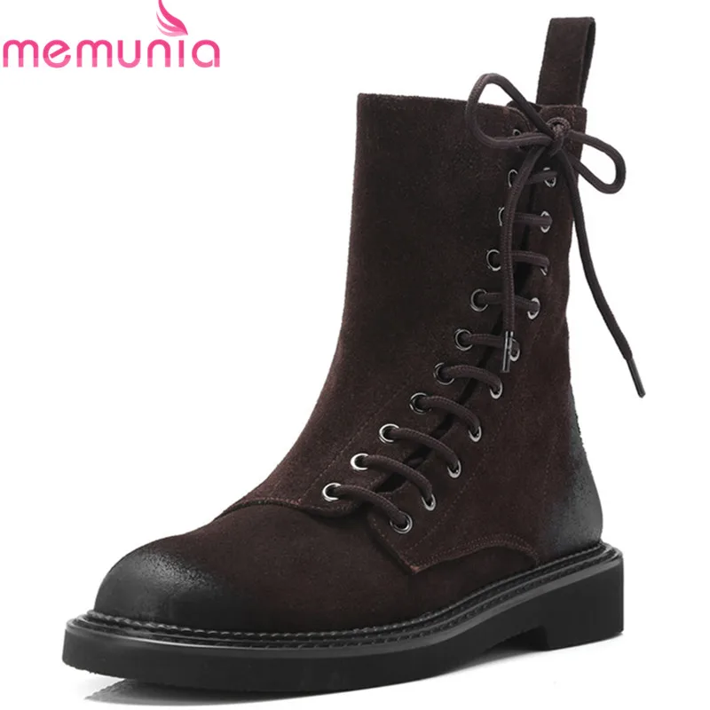 

MEMUNIA 2020 newest fashion ankle boots for women cow suede leather autumn winter boots lace up punk boots ladies shoes