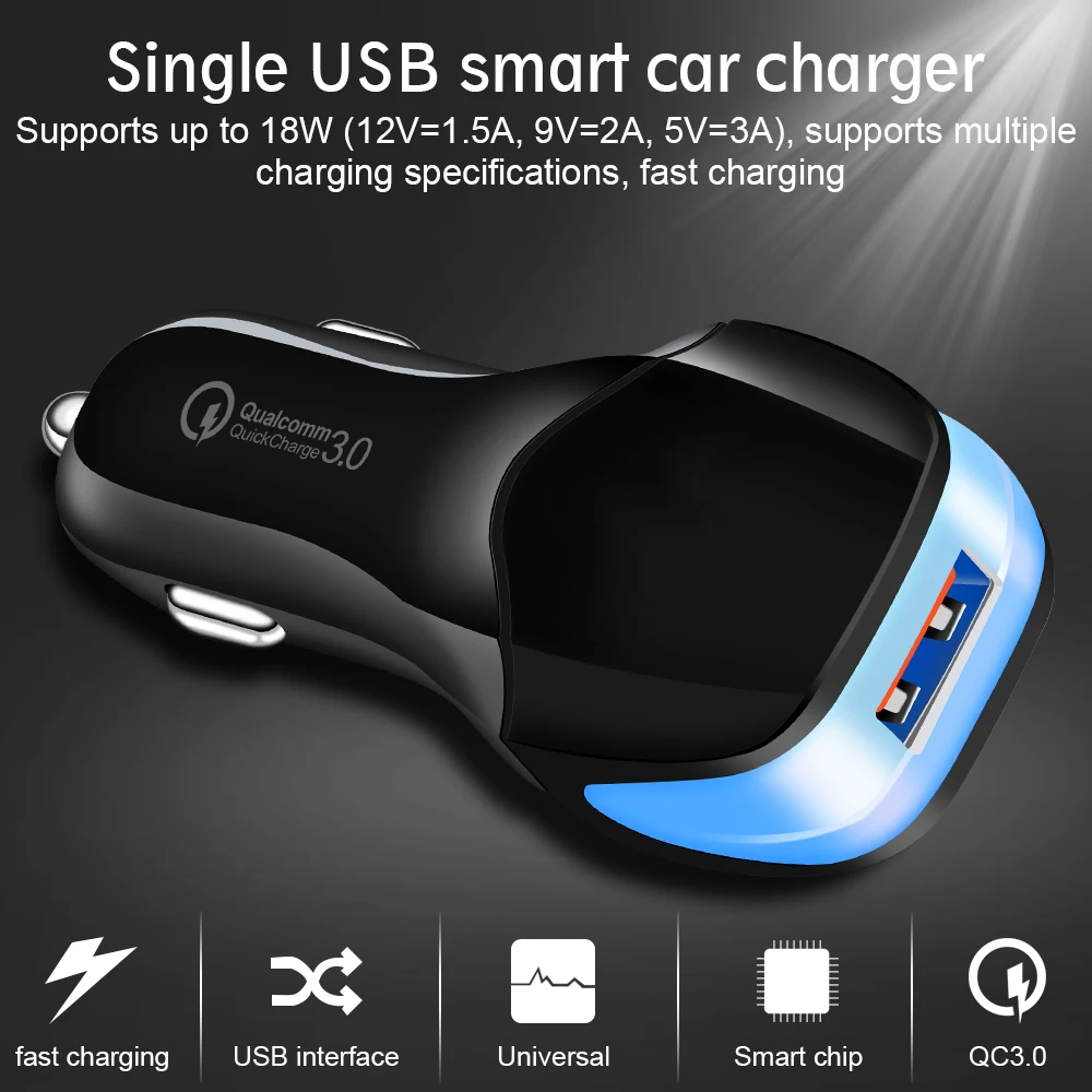 Зарядных порта USB для автомобиля Зарядное устройство Quick Charge 3,0 Универсальный светодиодный автомобиль-Зарядное устройство адаптер для iPhone samsung xiaomi с 3-в-1 кабель быстрой зарядки страховочный трос