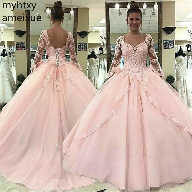 2021 New Arrival Formal Pink Plus Size Long Sleeve Evening Dress V-neck Sweep Train Ball Gown Full Tulle Empire Regular Simple | Свадьбы и