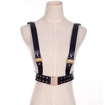 

HARNESS, Punk & Rock Golden Rivet detachable adjustable sexy body harness with leather straps fasten at waist & around neck