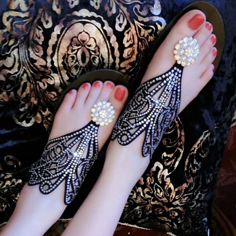 

New Arrival 2016 Fashion Sandals Women's Rhinestone Flat Slippers Genuine Leather Sandals Flip-flop Size 35~40