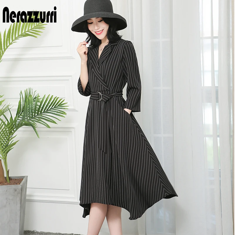 Nerazzurri High low dress women with sleeves long midi elegant notched lapel plus size striped work office dress with belt 5xl