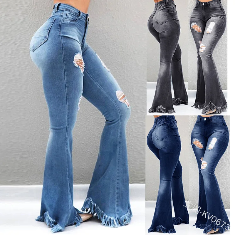 Fashion Loose High Waist Women Wide Leg Jeans Office Lady Solid Denim Jeans Bleached Ripped Pants