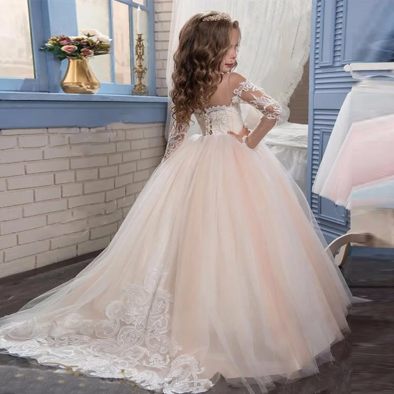 Модный костюм для девочек из мягкого тюля с длинными рукавами и шлейфом; детское вечернее платье; милое платье принцессы; платье-пачка для маленькой невесты