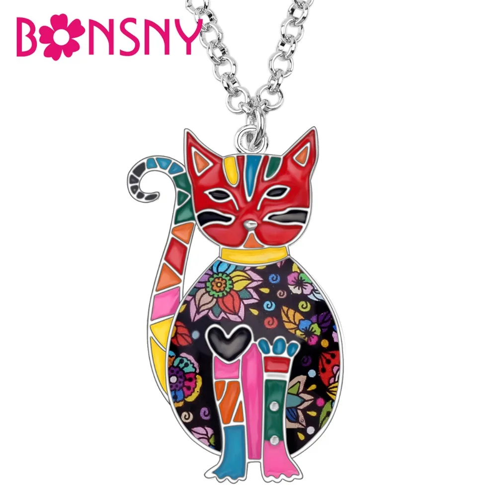 

Bonsny Enamel Alloy Floral Kitten Cat Choker Necklace Chain Pendant Novelty Jewelry For Women Girl Ladies Accessories Teens Gift