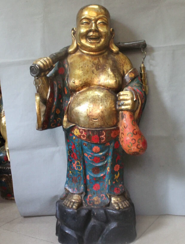 

USPS to USA S2234 39" Tibetan Chinese Bronze Gilt Cloisonne Happy Laughing Maitreya Buddha Statue (B0328)