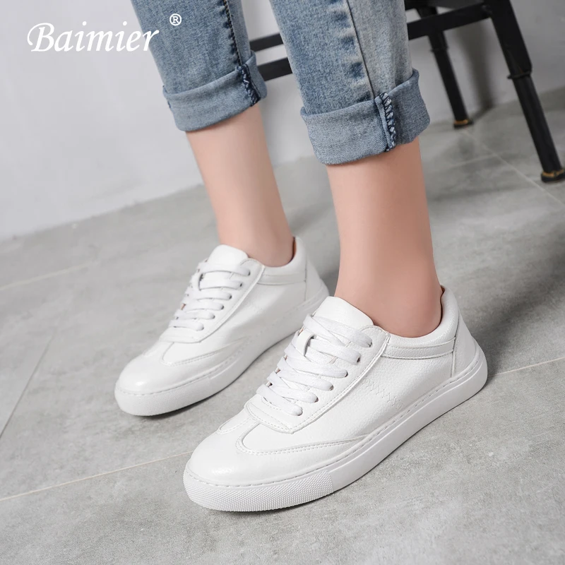 Baimier Genuine Leather White Women Sneakers Spring Street Style Lace up Running Shoes Casual Comfortable Women Flat Shoes