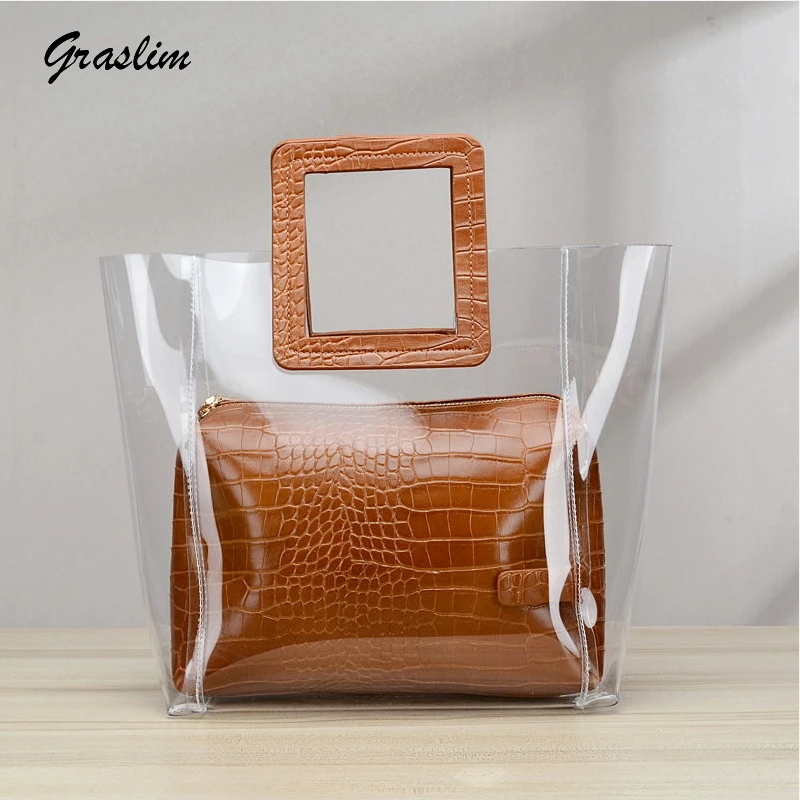 Graslim Fashion Women Transparent Handbags Lady High Quality Jelly Bags Solid Casual Shopping