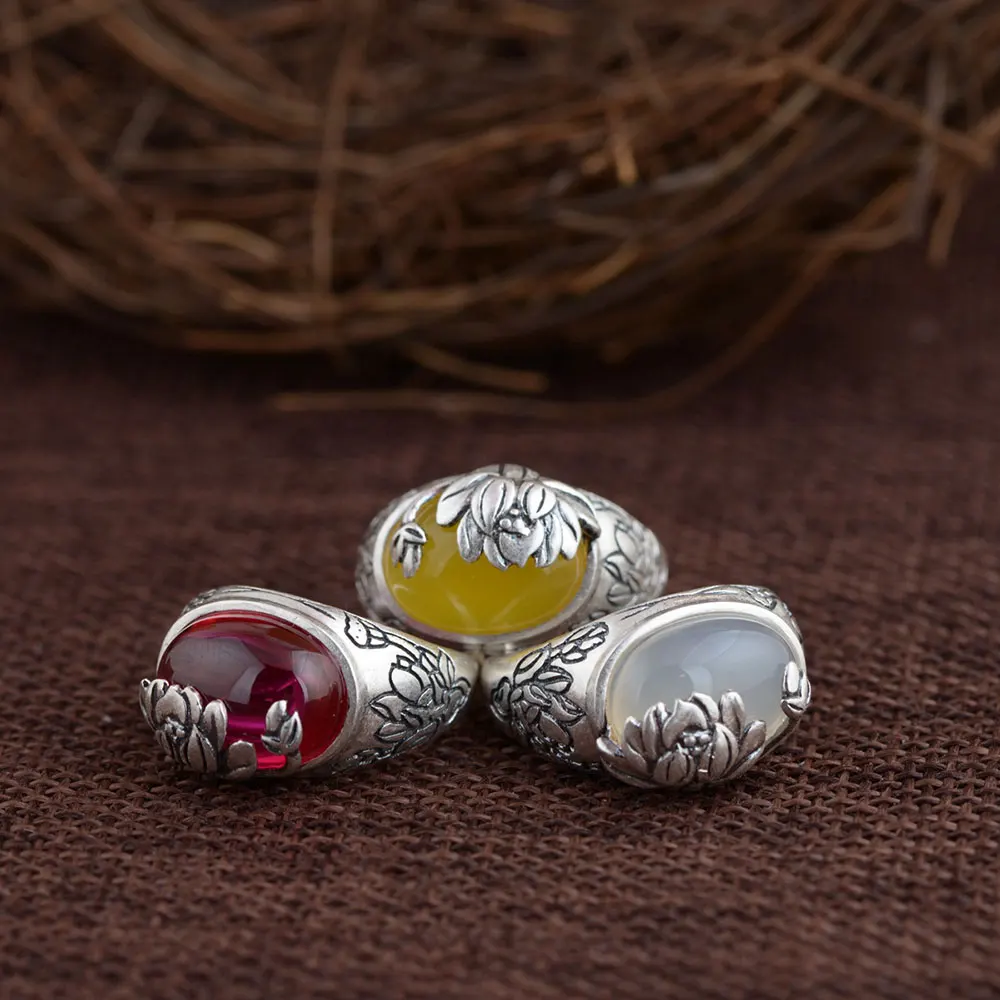 

925 Silver Flower Ring White Yellow Chalcedony Stone 100% Real S925 Sterling Thai Silver Rings for Women Jewelry Adjustable Size