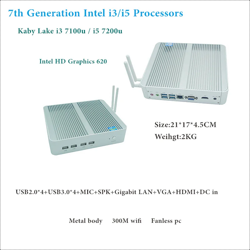 

Freeshipping Intel Core i5 7200U/i3 7100U 7th Gen Kaby Lake Win10 Fanless Mini PC 4K HTPC Fanless Nuc Intel HD Graphics 620