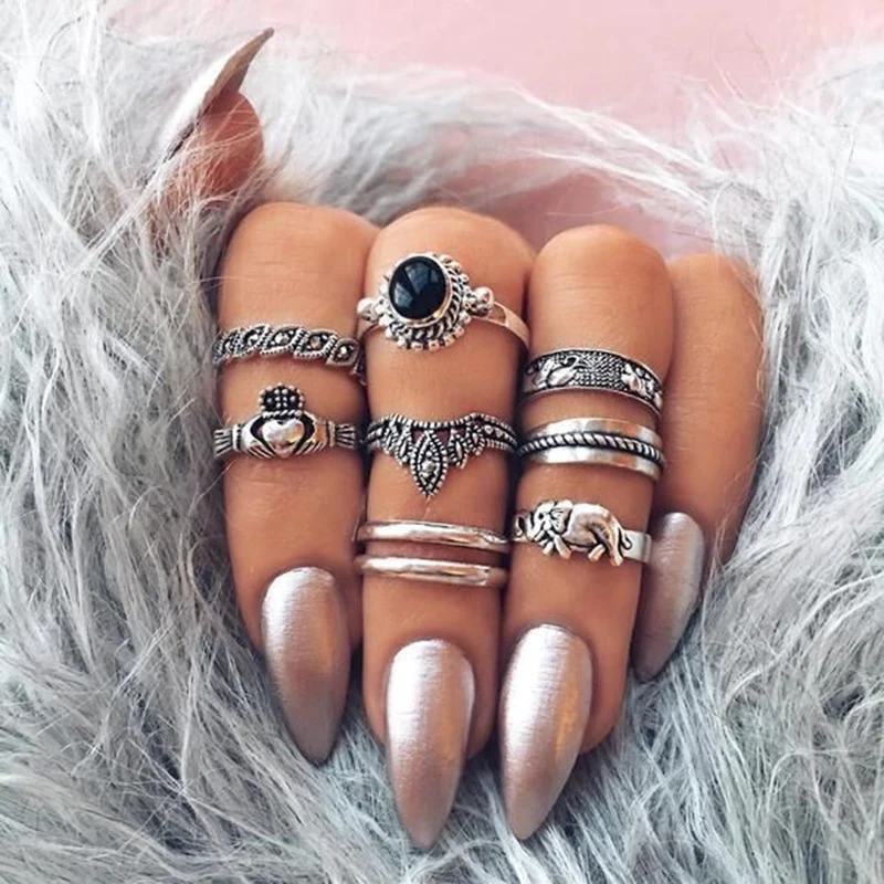 

Tocona 8pc/set Antique Sliver Crown Elephant Flower Carved Ring Set for Women Vintage Style Finger Rings New Fashion Jewelry4639