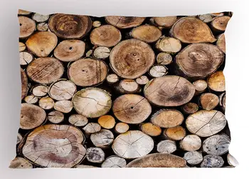 

Rustic Pillow Sham Wooden Logs Background Circular Shaped Oak Tree Life and Growth Theme Decorative Standard Size Printed Pillow
