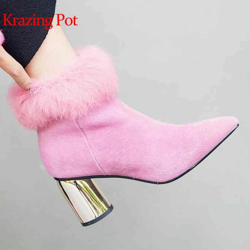 

Krazing pot new cow suede natural fur pointed toe metal round thick high heels European black pink color wedding ankle boots L44