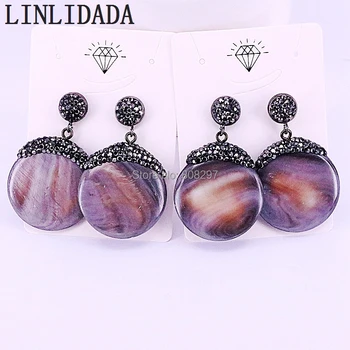 

5Pairs Round Shaped Shell Earrings Paved Rhinestone Crystal Charm Nature Grey Shell Earrings Jewelry For Women