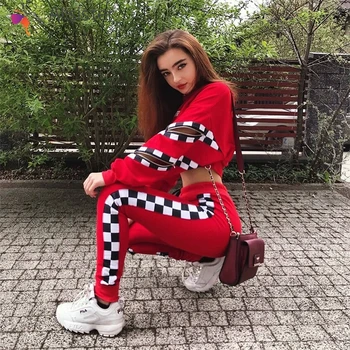 

2019 New Casual Tracksuit Women Red 2 Piece Set Long Sleeve Hoodies Top And Trousers Side Stripe Sweatshirt Sweat Suit