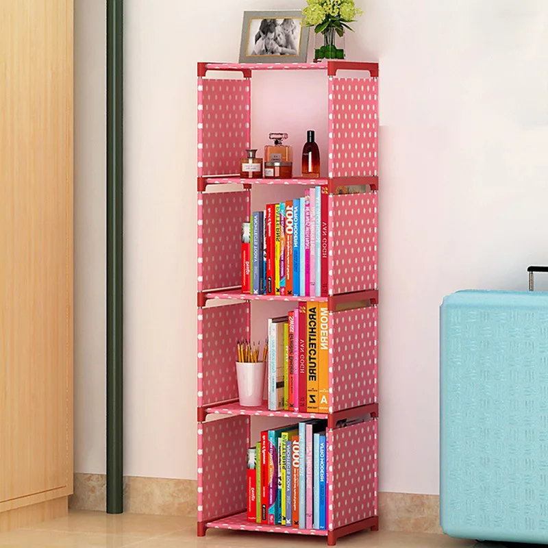 Simple 4 grid Bookshelf non-woven Steel pipe structure Easy assembly Removable bookcase Living Room Furniture Storage shelf