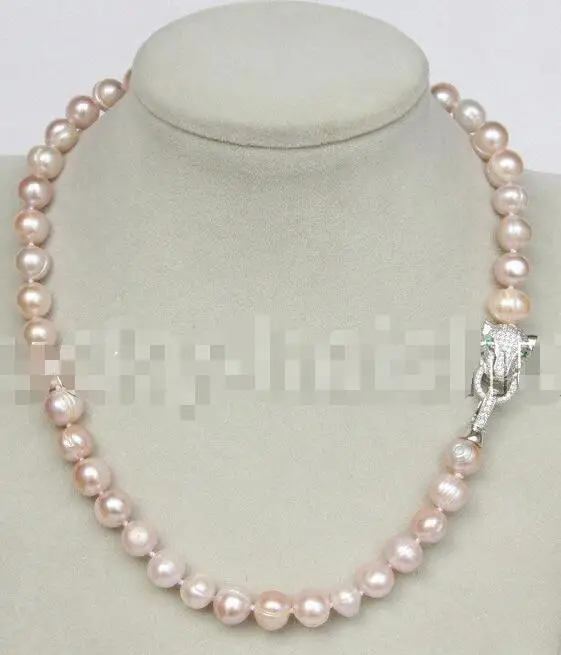 

Free Shipping >>>natural 17" 10mm near round purple FW pearls necklace leopard clasp j11714